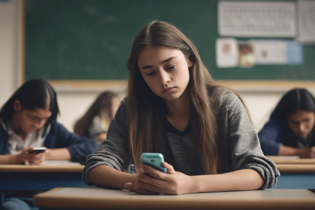female student upset after receiving a text message from a bully